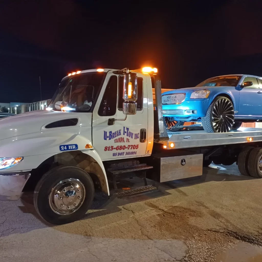 a blue car towed